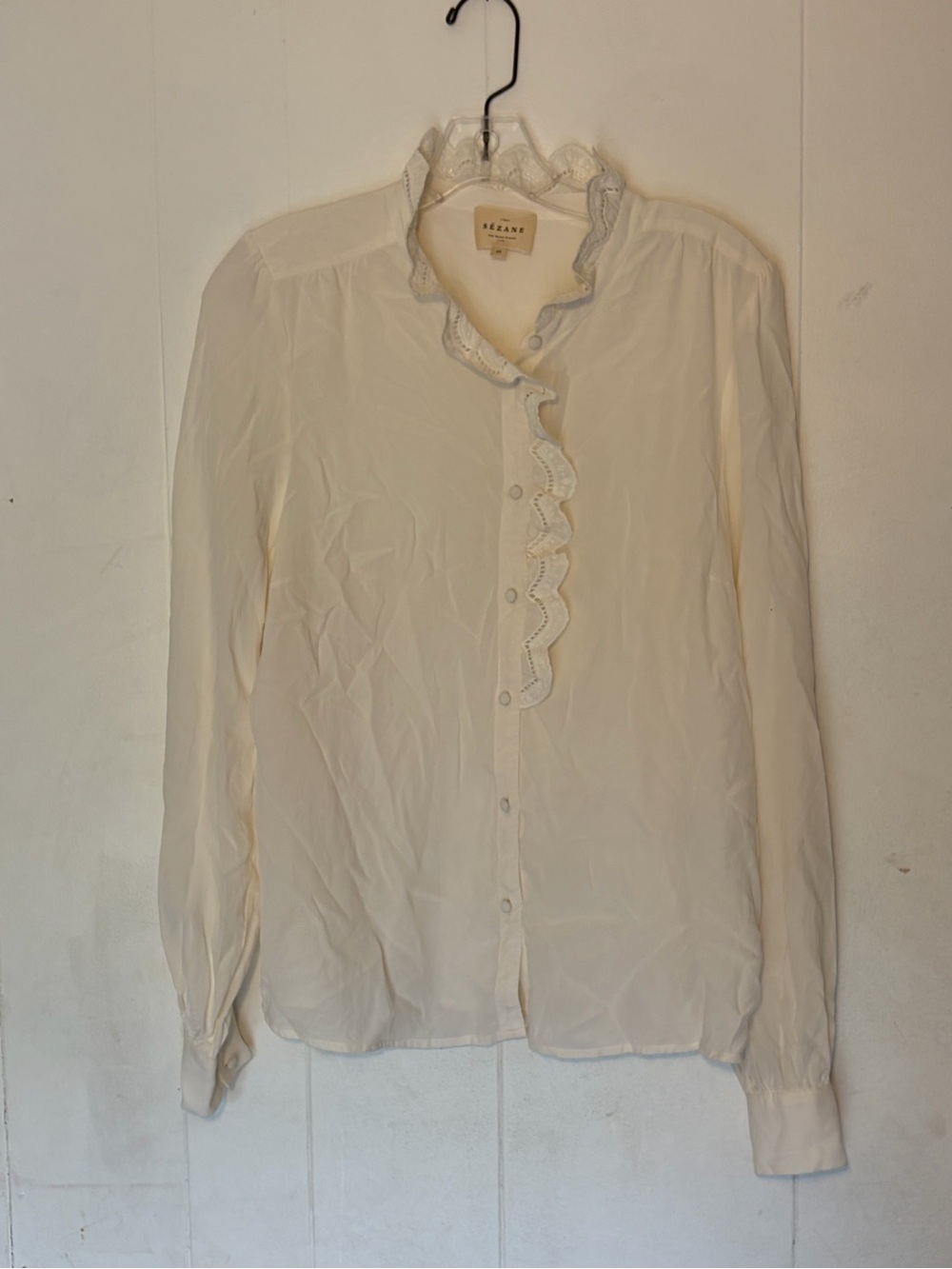 Sezane Chlo silk top ecru Cream Ruffle-Trim Button Blouse lace classic Paris